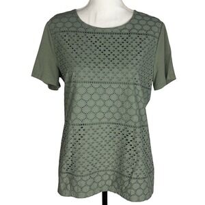 Talbots Size PETITES LP Green Eyelet Lace Front Tee Shirt Short Sleeve Cotton